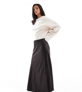 Vero Moda Petite Vero Moda Petite satin bias midi skirt in chocolate-Brown
