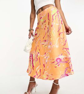 Vero Moda Petite Vero Moda Petite satin midi skirt in orange abstract print