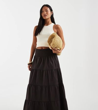 Vero Moda Petite Vero Moda Petite shirred waist tiered boho maxi skirt in chocolate-Brown