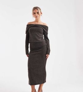 Vero Moda Petite Vero Moda Petite soft touch folded waistband midi skirt in chocolate melange - part of a set-Brown