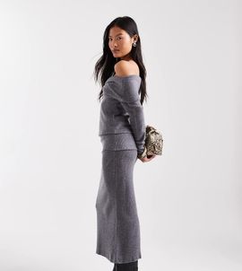 Vero Moda Petite Vero Moda Petite soft touch folded waistband midi skirt in gray melange - part of a set-Brown