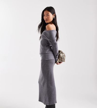 Vero Moda Petite Vero Moda Petite soft touch folded waistband midi skirt in gray melange - part of a set-Brown