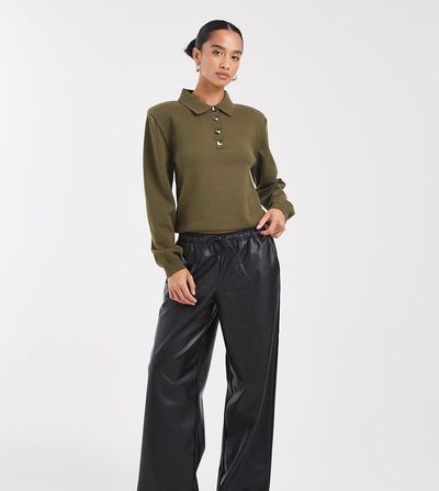 Vero Moda Petite Vero Moda Petite tie waist wide leg faux leather pants in black