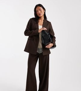 Vero Moda Petite Vero Moda Petite wide leg tweed look tailored pants in chocolate - part of a set-Brown