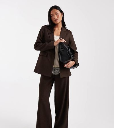 Vero Moda Petite Vero Moda Petite wide leg tweed look tailored pants in chocolate - part of a set-Brown