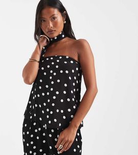 Vero Moda Petite Vero Moda Petite woven bandeau top with scarf detail in black and white polka dot - part of a set