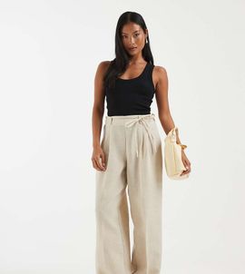 Vero Moda Petite Vero Moda Petite woven pleat front tailored pants with tie waist in stone-Neutral