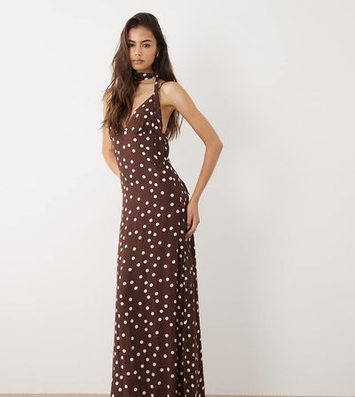 Vero Moda Tall Vero Moda Tall cami maxi dress with scarf neck detail in chocolate polka-dot print-Brown