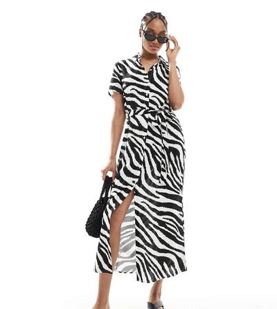 Vero Moda Tall Vero Moda Tall easy button-down long shirt dress in zebra print-White