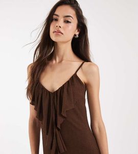 Vero Moda Tall Vero Moda Tall frill trim cami midaxi dress in chocolate brown