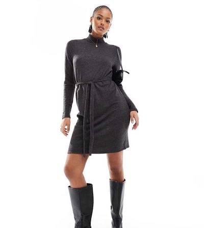 Vero Moda Tall Vero Moda Tall high neck knit mini dress with tie waist in black