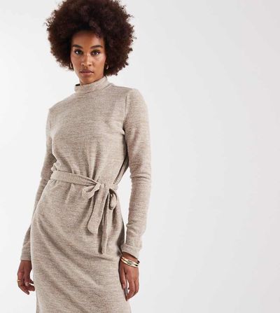 Vero Moda Tall Vero Moda Tall high neck knitted mini dress with tie waist in stone-Neutral