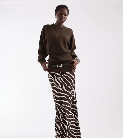 Vero Moda Tall Vero Moda Tall mid rise satin maxi skirt in chocolate zebra print-Brown