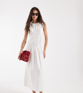 Vero Moda Tall Vero Moda Tall poplin pleated waist sleeveless midaxi dress in white