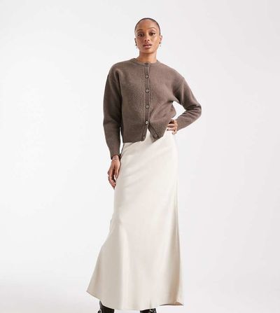 Vero Moda Tall Vero Moda Tall satin bias cut midi skirt in stone-Neutral