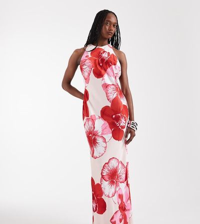 Vero Moda Tall Vero Moda Tall sleeveless open back satin midi dress with overblown floral print in light pink