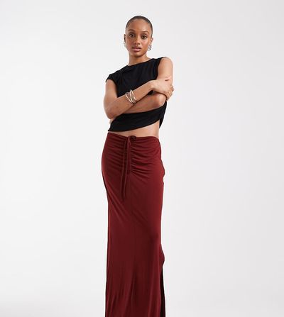 Vero Moda Tall Vero Moda Tall slinky ruched front maxi skirt in burgundy-Red