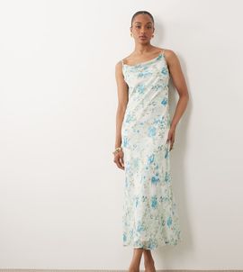 Vero Moda Tall Vero Moda Tall Smilla chiffon cowl neck cami midi dress in blue floral print-White