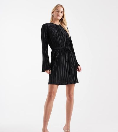 Vero Moda Tall Vero Moda Tall tie waist plisse mini dress in black