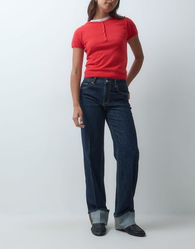 Vero Moda Vero Moda Allison mid rise straight leg seam detail jeans with fold up in dark blue denim-Navy