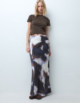 Vero Moda Vero Moda asymmetric waist satin maxi skirt in brown watercolour print