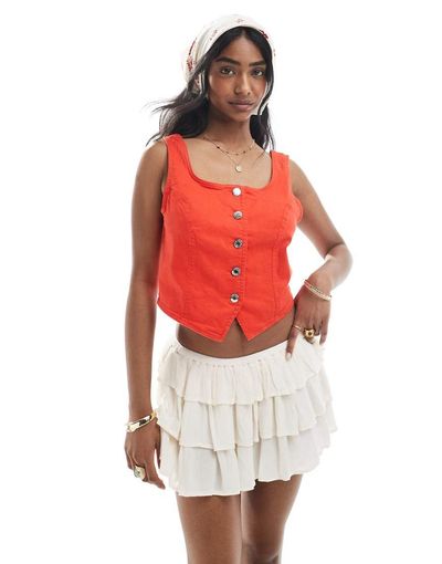 Vero Moda Vero Moda button down denim corset top in red-pink