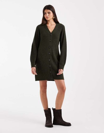 Vero Moda Vero Moda button front balloon sleeve knitted mini dress in dark green melange