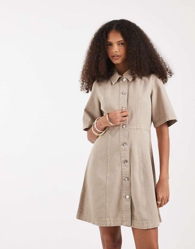 Vero Moda Vero Moda button front fit and flare denim mini dress in beige wash-Neutral