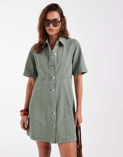 Vero Moda Vero Moda button front fit and flare denim mini dress in laurel green wash