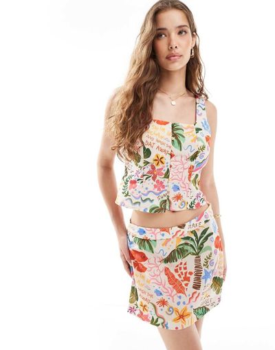 Vero Moda Vero Moda button front square neck top in conversational tropical print - part of a set-Multi