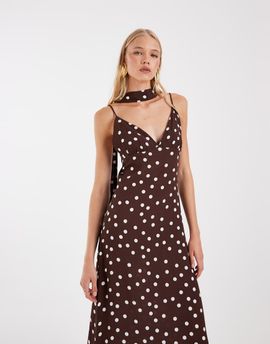 Vero Moda Vero Moda cami maxi dress with scarf neck detail in chocolate polka dot print-Brown