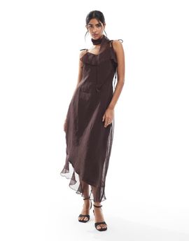 Vero Moda Vero Moda chiffon asymmetric hem ruffle dress with scarf detail in chocolate-Brown