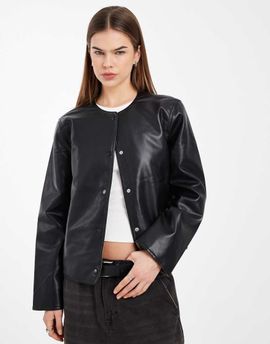 Vero Moda Vero Moda collarless faux leather short jacket with quilted lining in black