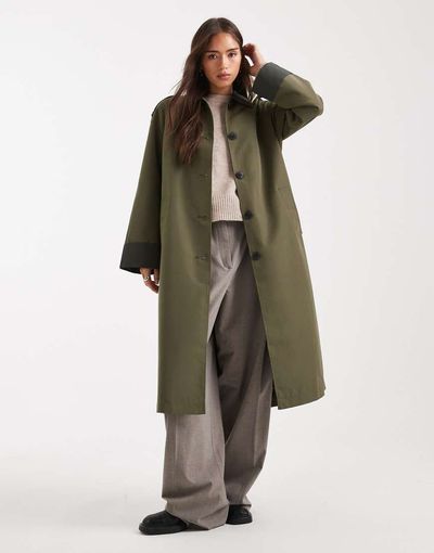 Vero Moda Vero Moda contrast collar button down trench coat in khaki-Green