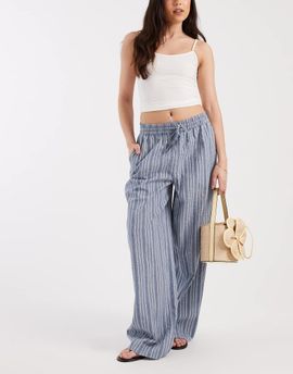 Vero Moda Vero Moda cotton seersucker tie waist wide leg pants in blue striped print