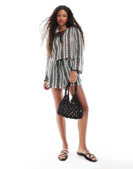 Vero Moda Vero Moda crochet lace shorts in mono stripe - part of a set-Black