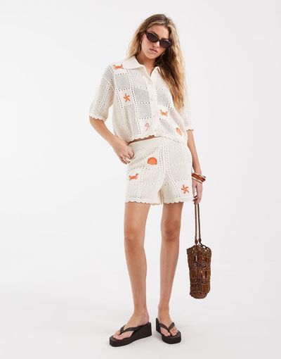Vero Moda Vero Moda crochet shorts in cream with crab embroidery - part of a set-White