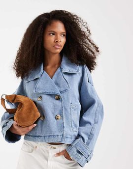 Vero Moda Vero Moda cropped denim trench coat in light blue wash