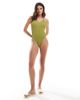Vero Moda Vero Moda cross back crinkle swimsuit with high leg in green - 3