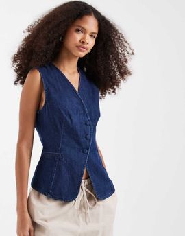 Vero Moda Vero Moda denim asymmetric placket vest with covered buttons in medium blue wash