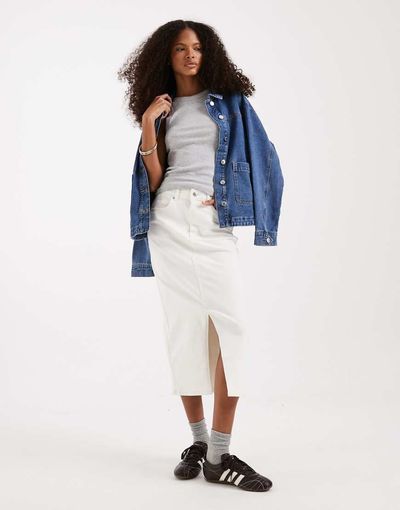 Vero Moda Vero Moda denim midaxi skirt with front slit in ecru-White