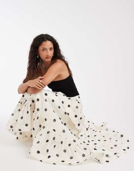 Vero Moda Vero Moda exaggerated ruffle detail maxi skirt in cream and black polka dot print-White