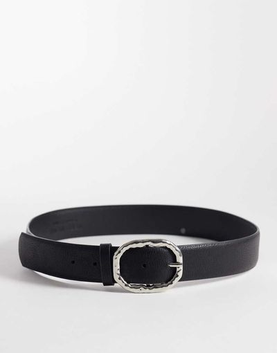 Vero Moda Vero Moda faux leather hammered metal buckle belt in black with silver tone
