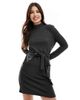 Vero Moda Vero Moda high neck knitted mini dress with tie waist in black melange - 1