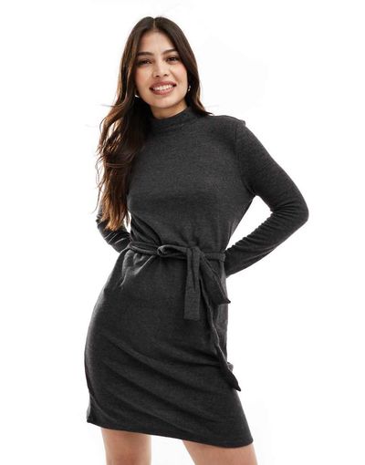 Vero Moda Vero Moda high neck knitted mini dress with tie waist in black melange