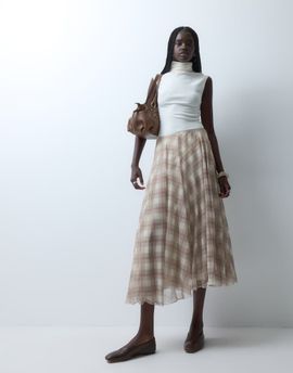 Vero Moda Vero Moda high waist asymmetric midi skirt in neutral check