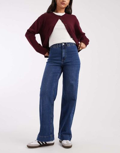 Vero Moda Vero Moda Kayla high waisted wide leg jeans with wide hems in dark blue-Navy