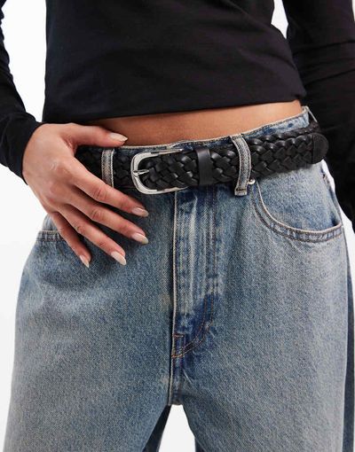 Vero Moda Vero Moda leather plait detail belt with silver buckle in black