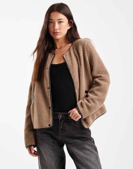 Vero Moda Vero Moda lightweight contrast teddy jacket in beige-Neutral