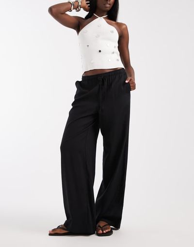 Vero Moda Vero Moda linen touch wide leg pants with drawstring waist in black